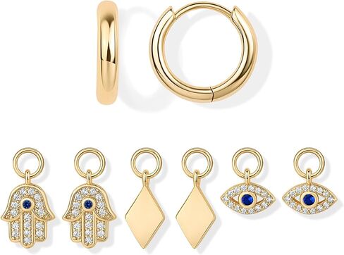PAVOI 14K Gold Plated Huggie Earring Charms for Women - Mix and Match Huggie Hoop Earrings with Charms Pack - Dangle Dainty Motif Set with Cubic Zirconia, Heart, Cross, Pearl & Evil Eye Jewelry in Saudi Arabia