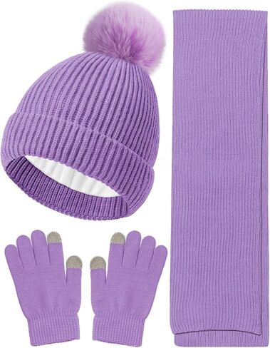 Wandx Kids قبعة الشتاء قفازات وشاح مجموعة الأطفال Pompom قبعة متماسكة قفازات دافئة مع الصوف السميك للبنين الفتيات الذين تتراوح أعمارهم بين 4-12 in Kuwait