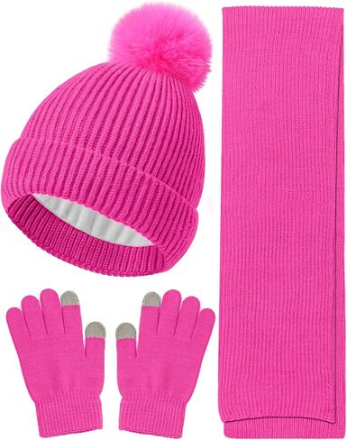 Wandx Kids قبعة الشتاء قفازات وشاح مجموعة الأطفال Pompom قبعة متماسكة قفازات دافئة مع الصوف السميك للبنين الفتيات الذين تتراوح أعمارهم بين 4-12 in Kuwait