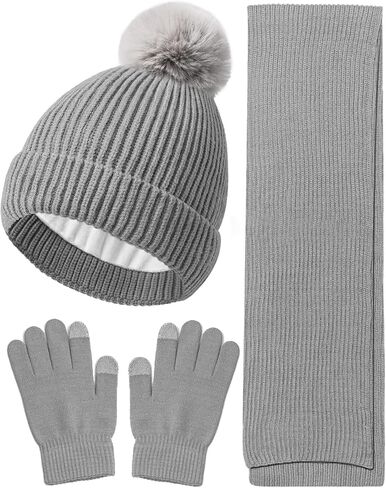 Wandx Kids قبعة الشتاء قفازات وشاح مجموعة الأطفال Pompom قبعة متماسكة قفازات دافئة مع الصوف السميك للبنين الفتيات الذين تتراوح أعمارهم بين 4-12 in Kuwait