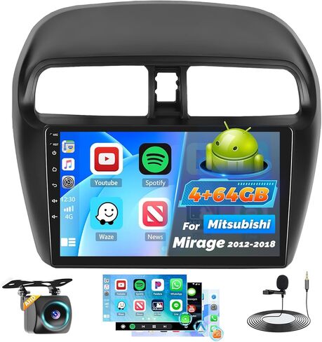 Roinvou 2+64G Android Auto Radio for Mitsubishi Mirage 2012-2018, 9" Car Screen in-Dash GPS Navigation with Wireless CarPlay Android Auto Mirror Link WiFi Bluetooth FM RDS Radio Backup Camera in Kuwait