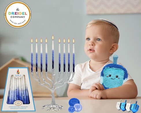 شموع هانوكا من شركة Dreidel، 45 شمعة شانوكا، وقت حرق لمدة ساعة واحدة، أزرق بلوري مزخرف، أزرق فاتح، أبيض - مغمورة يدويًا in Kuwait