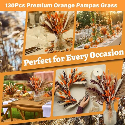 130 قطعة من عشب بامباس البرتقالي الحقيقي، 17 بوصة زهور مجففة طبيعية بوهو ديكور شتوي، باقة زهور خريفية مختلطة - ذيل أرنب أوكالبتوس ترتيبات زهور منزلية قطعة مركزية للزفاف in Kuwait