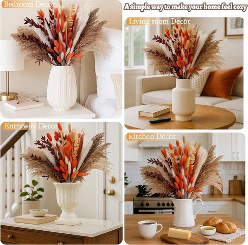 130 قطعة من عشب بامباس البرتقالي الحقيقي، 17 بوصة زهور مجففة طبيعية بوهو ديكور شتوي، باقة زهور خريفية مختلطة - ذيل أرنب أوكالبتوس ترتيبات زهور منزلية قطعة مركزية للزفاف in Kuwait