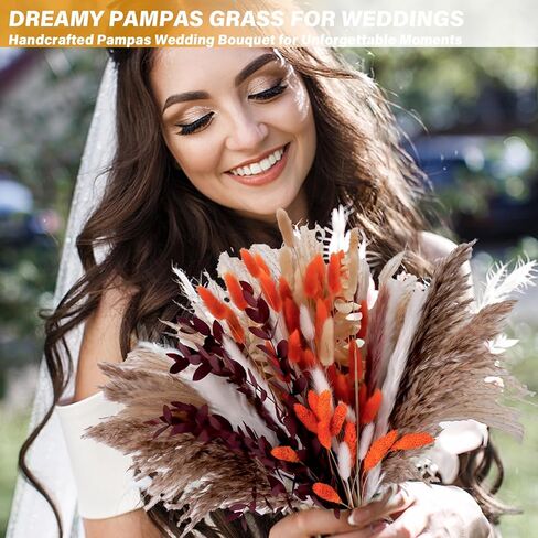 130 قطعة من عشب بامباس البرتقالي الحقيقي، 17 بوصة زهور مجففة طبيعية بوهو ديكور شتوي، باقة زهور خريفية مختلطة - ذيل أرنب أوكالبتوس ترتيبات زهور منزلية قطعة مركزية للزفاف in Kuwait