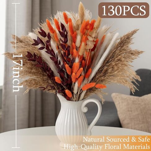130 قطعة من عشب بامباس البرتقالي الحقيقي، 17 بوصة زهور مجففة طبيعية بوهو ديكور شتوي، باقة زهور خريفية مختلطة - ذيل أرنب أوكالبتوس ترتيبات زهور منزلية قطعة مركزية للزفاف in Kuwait