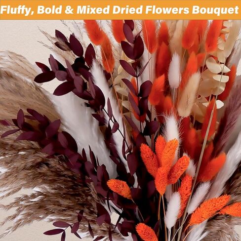 130 قطعة من عشب بامباس البرتقالي الحقيقي، 17 بوصة زهور مجففة طبيعية بوهو ديكور شتوي، باقة زهور خريفية مختلطة - ذيل أرنب أوكالبتوس ترتيبات زهور منزلية قطعة مركزية للزفاف in Kuwait