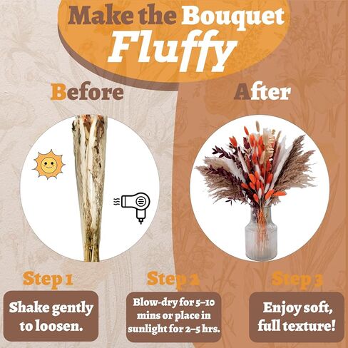 130 قطعة من عشب بامباس البرتقالي الحقيقي، 17 بوصة زهور مجففة طبيعية بوهو ديكور شتوي، باقة زهور خريفية مختلطة - ذيل أرنب أوكالبتوس ترتيبات زهور منزلية قطعة مركزية للزفاف in Kuwait