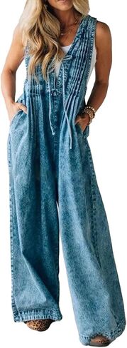 SOMTHRON Women's Summer Denim Jumpsuit Sleeveless Wide Leg Overalls Baggy Pleated Tie Front Tank Jean Romper in Saudi Arabia