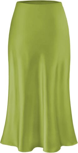 Womens Silky Satin Midi Skirt High Waist Elastic Waist A Line Skirt in Kuwait