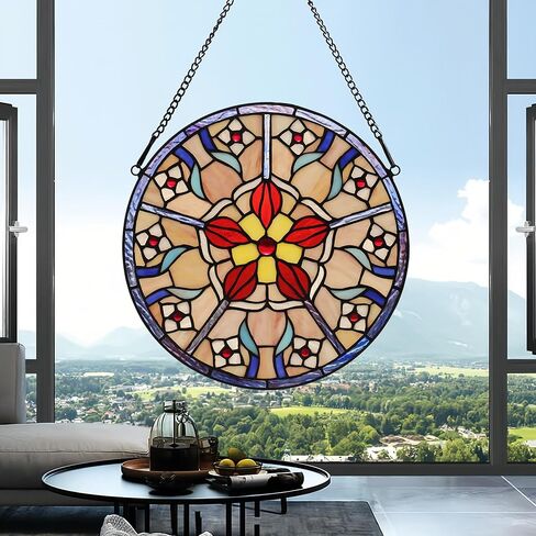Stained Glass Window Hanging Tiffany Plant Style Pink Flower Suncatcher Wall Decor Art Panel 12" Roud Include 20" Chain and Hooks Perfect Christma Housewarming Gift in Saudi Arabia