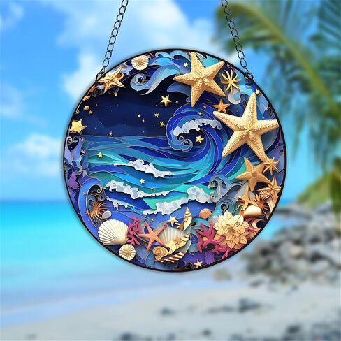 Ocean Beach Stained Glass Window Hanging Panels Acrylic Indoor Outdoor Round Windows Hanger Kitchen Bedroom Garden Wall Art Decor Gifts for Women Mom Grandma Teacher in Saudi Arabia