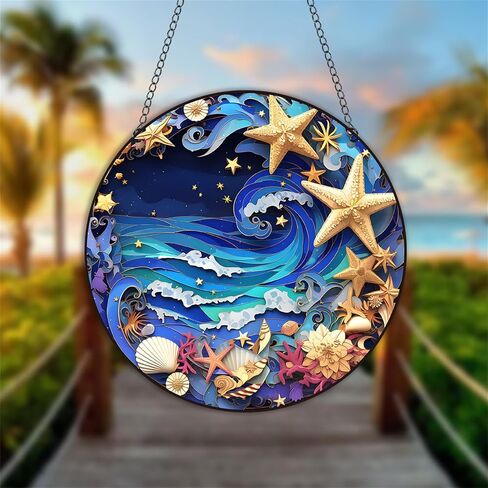 Ocean Beach Stained Glass Window Hanging Panels Acrylic Indoor Outdoor Round Windows Hanger Kitchen Bedroom Garden Wall Art Decor Gifts for Women Mom Grandma Teacher in Saudi Arabia