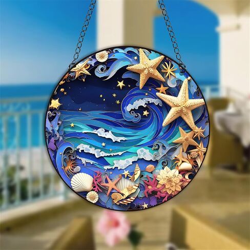 Ocean Beach Stained Glass Window Hanging Panels Acrylic Indoor Outdoor Round Windows Hanger Kitchen Bedroom Garden Wall Art Decor Gifts for Women Mom Grandma Teacher in Saudi Arabia