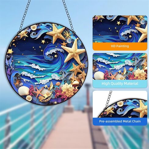 Ocean Beach Stained Glass Window Hanging Panels Acrylic Indoor Outdoor Round Windows Hanger Kitchen Bedroom Garden Wall Art Decor Gifts for Women Mom Grandma Teacher in Saudi Arabia