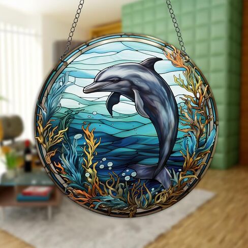 الدلافين الملون نافذة معلقة، 11.81 في لوحة نافذة كبيرة من الأكريليك Suncatcher على الوجهين الحياة البحرية الأعشاب البحرية ديكور الحائط للمقهى المنزل، هدية للأم والجدة والزوجة والمعلم ومحب البحر in Kuwait