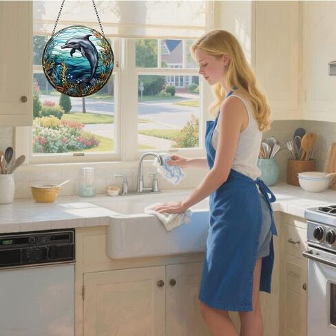 الدلافين الملون نافذة معلقة، 11.81 في لوحة نافذة كبيرة من الأكريليك Suncatcher على الوجهين الحياة البحرية الأعشاب البحرية ديكور الحائط للمقهى المنزل، هدية للأم والجدة والزوجة والمعلم ومحب البحر in Kuwait