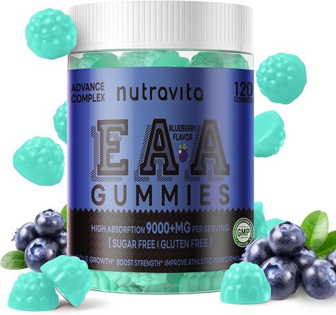 Nutravita EAA Gummies 120 Gummies (Strawberry), 9000 mg Essential Amino Acids - All 9 Essential Aminos (EAA) and All Branched-Chain Aminos (BCAAs), Non-GMO, Gluten Free, Vegetarian Friendly in Kuwait