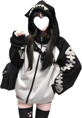 Kawaii Cat Ear Zip Up Hoodie with Detachable Hood Harajuku Sweatshirt Fishbone Print Cute Streetwear Jacket in Saudi Arabia