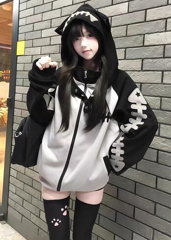 Kawaii Cat Ear Zip Up Hoodie with Detachable Hood Harajuku Sweatshirt Fishbone Print Cute Streetwear Jacket in Saudi Arabia