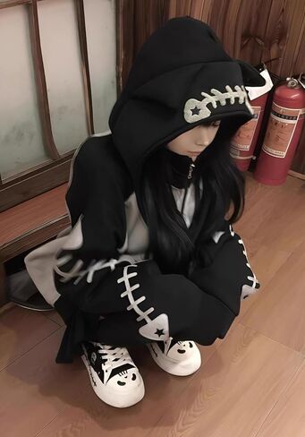Kawaii Cat Ear Zip Up Hoodie with Detachable Hood Harajuku Sweatshirt Fishbone Print Cute Streetwear Jacket in Saudi Arabia