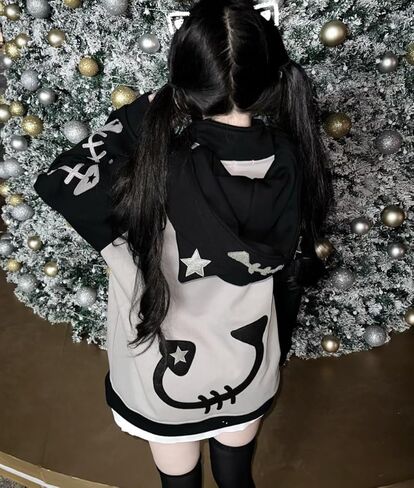 Kawaii Cat Ear Zip Up Hoodie with Detachable Hood Harajuku Sweatshirt Fishbone Print Cute Streetwear Jacket in Saudi Arabia