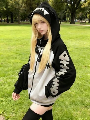 Kawaii Cat Ear Zip Up Hoodie with Detachable Hood Harajuku Sweatshirt Fishbone Print Cute Streetwear Jacket in Saudi Arabia