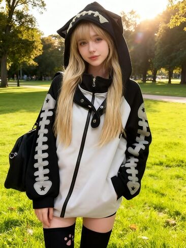 Kawaii Cat Ear Zip Up Hoodie with Detachable Hood Harajuku Sweatshirt Fishbone Print Cute Streetwear Jacket in Saudi Arabia