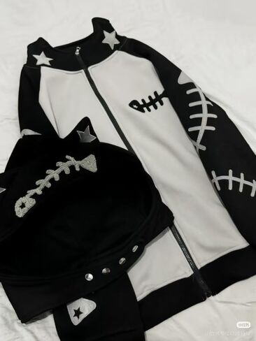 Kawaii Cat Ear Zip Up Hoodie with Detachable Hood Harajuku Sweatshirt Fishbone Print Cute Streetwear Jacket in Saudi Arabia