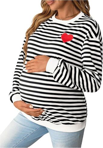 MakeMeChic Women's Maternity Sweatshirt Striped Heart Embroidery Crew Neck Long Sleeve Tops in Saudi Arabia