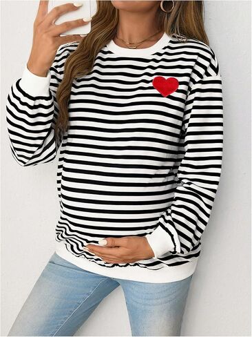 MakeMeChic Women's Maternity Sweatshirt Striped Heart Embroidery Crew Neck Long Sleeve Tops in Saudi Arabia