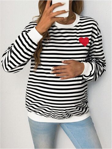 MakeMeChic Women's Maternity Sweatshirt Striped Heart Embroidery Crew Neck Long Sleeve Tops in Saudi Arabia
