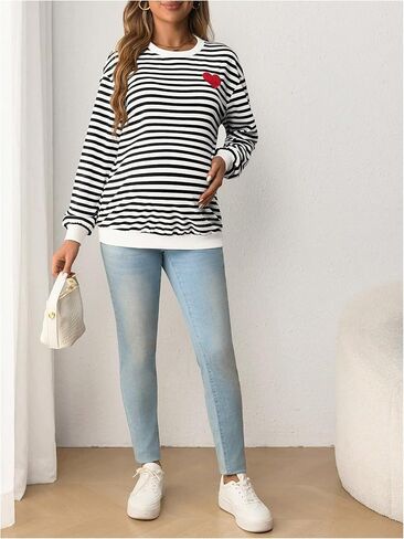 MakeMeChic Women's Maternity Sweatshirt Striped Heart Embroidery Crew Neck Long Sleeve Tops in Saudi Arabia