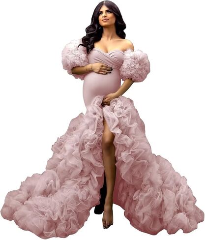 Mermaid Maternity Dresses for Photoshoot Tulle Robes Off Shoulder Puffy Ruffle Photography Pregnancy Gowns in Saudi Arabia