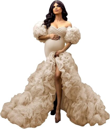 Mermaid Maternity Dresses for Photoshoot Tulle Robes Off Shoulder Puffy Ruffle Photography Pregnancy Gowns in Saudi Arabia