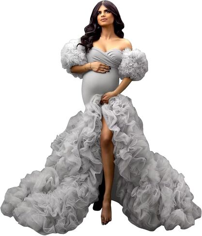 Mermaid Maternity Dresses for Photoshoot Tulle Robes Off Shoulder Puffy Ruffle Photography Pregnancy Gowns in Saudi Arabia