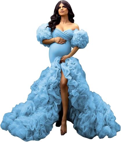 Mermaid Maternity Dresses for Photoshoot Tulle Robes Off Shoulder Puffy Ruffle Photography Pregnancy Gowns in Saudi Arabia