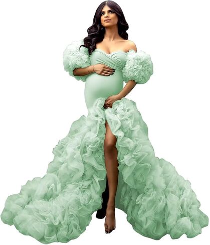 Mermaid Maternity Dresses for Photoshoot Tulle Robes Off Shoulder Puffy Ruffle Photography Pregnancy Gowns in Saudi Arabia
