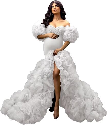 Mermaid Maternity Dresses for Photoshoot Tulle Robes Off Shoulder Puffy Ruffle Photography Pregnancy Gowns in Saudi Arabia