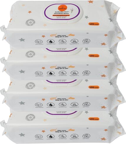 Aurora Pet Wipes – 100% Natural, Plant-Based Hypoallergenic Grooming Wipes for Dogs & Cats – Extra-Durable, Large & Thick for Effortless Cleaning (Lavender, 100 Count) in Kuwait