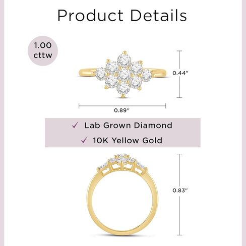 Jewelili 10K Yellow Gold 1 Cttw Round Lab Grown Diamond Cluster Anniversary Ring for Women | Size 6, 7 & 8 in Saudi Arabia