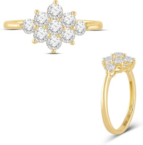 Jewelili 10K Yellow Gold 1 Cttw Round Lab Grown Diamond Cluster Anniversary Ring for Women | Size 6, 7 & 8 in Saudi Arabia
