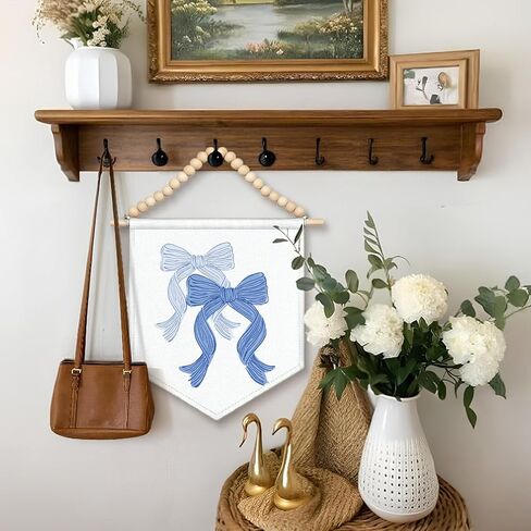 LIANGW ديكور المسكن الأزرق، Preppy الأزرق القوس الساحلية راعية البقر قماش راية، بوهو الخشب الخرز الساحل الشرقي جدار الفن ديكور شنقا راية العلم لغرفة نوم راعية البقر ديكور الغرفة الغربية، 13x11 in Kuwait