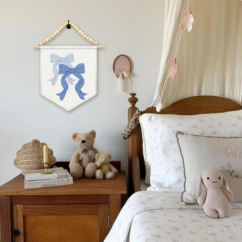 LIANGW ديكور المسكن الأزرق، Preppy الأزرق القوس الساحلية راعية البقر قماش راية، بوهو الخشب الخرز الساحل الشرقي جدار الفن ديكور شنقا راية العلم لغرفة نوم راعية البقر ديكور الغرفة الغربية، 13x11 in Kuwait