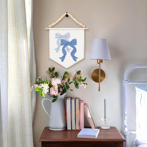 LIANGW ديكور المسكن الأزرق، Preppy الأزرق القوس الساحلية راعية البقر قماش راية، بوهو الخشب الخرز الساحل الشرقي جدار الفن ديكور شنقا راية العلم لغرفة نوم راعية البقر ديكور الغرفة الغربية، 13x11 in Kuwait