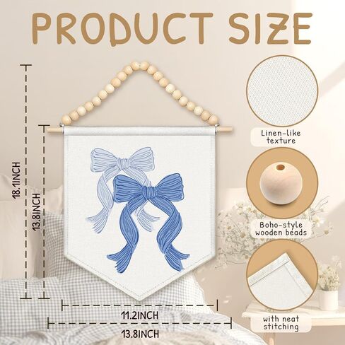 LIANGW ديكور المسكن الأزرق، Preppy الأزرق القوس الساحلية راعية البقر قماش راية، بوهو الخشب الخرز الساحل الشرقي جدار الفن ديكور شنقا راية العلم لغرفة نوم راعية البقر ديكور الغرفة الغربية، 13x11 in Kuwait