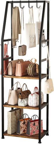 3-Tier Purse Stand Handbag Organizer, Tall Narrow Entryway Closet Bag Organizer, Wood Iron Storage Shelf, 4-in-1, with 8 Removable Hooks(Black) in Saudi Arabia