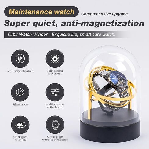 Ultra Quiet Watch Winder for Automatic Watches - Luxury Black Base & Clear Glass Dome, <15dB Silent Rotation, Ideal Watch Storage & Display Case for Men (Gold) in Saudi Arabia