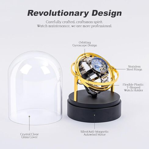 Ultra Quiet Watch Winder for Automatic Watches - Luxury Black Base & Clear Glass Dome, <15dB Silent Rotation, Ideal Watch Storage & Display Case for Men (Gold) in Saudi Arabia