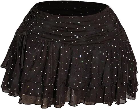 تنورة SHENHE النسائية ذات الحجم الكبير Y2K حجر الراين تنورة صغيرة مكشكشة ذات طبقات شبكية للحفلات in Kuwait